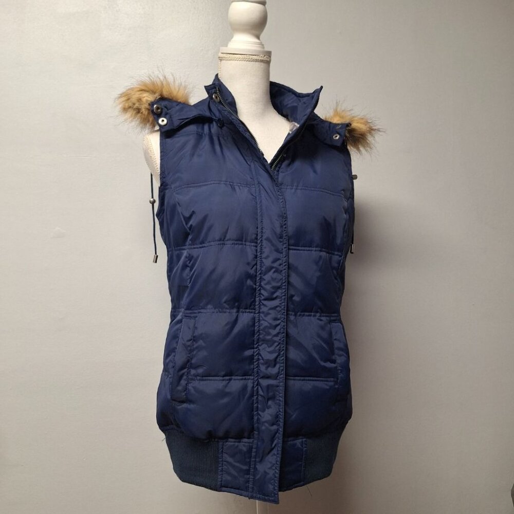 Papermoon Vest Removable Hood Faux Fur Winter Fall Blue Womens Large Zip Snap